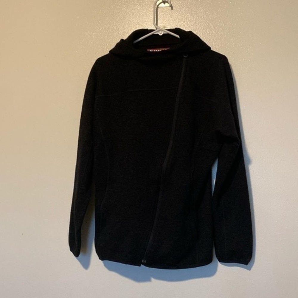 Simms black long sleeve hooded pockets and cozy full diagonal zip up jacket